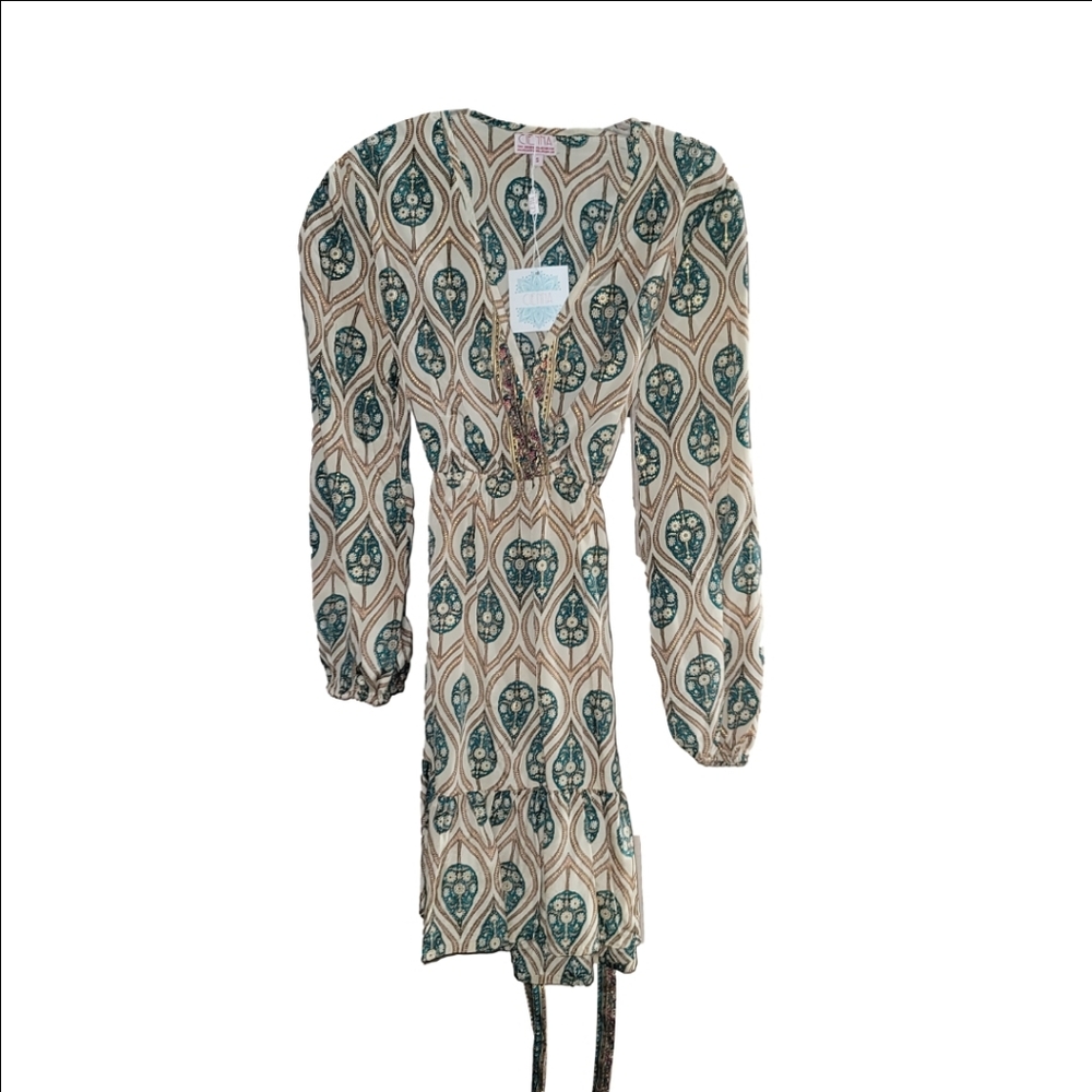 NWT Cienna Beautiful Long Sleeve Teal & Cream Tie Waist Boho Mini Dress - Small